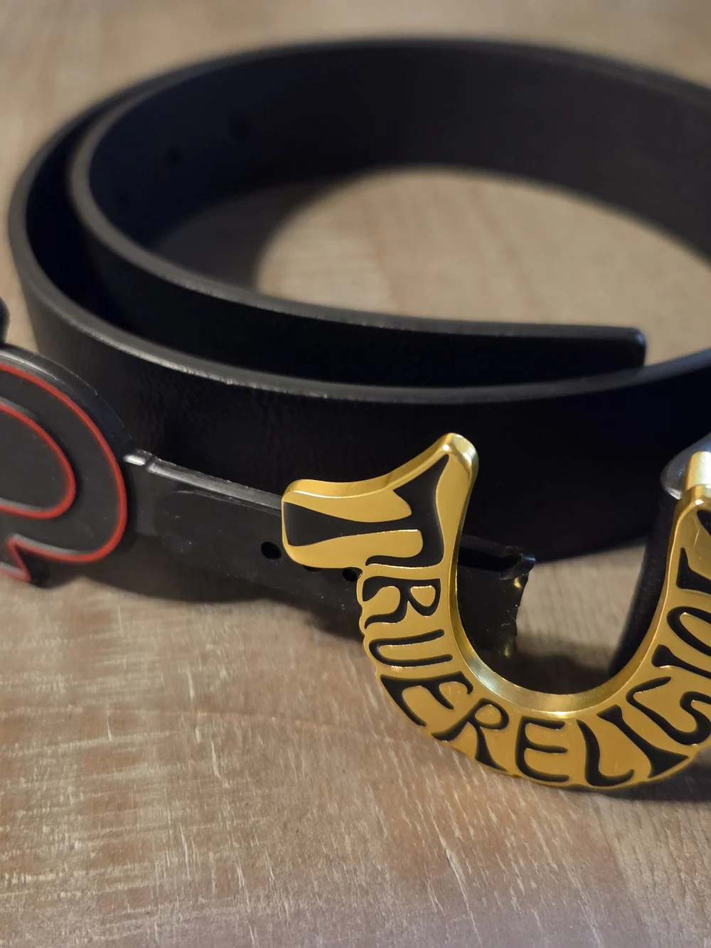 True Religion Black Leather Belt with Gold & Black Horseshoe Buckle